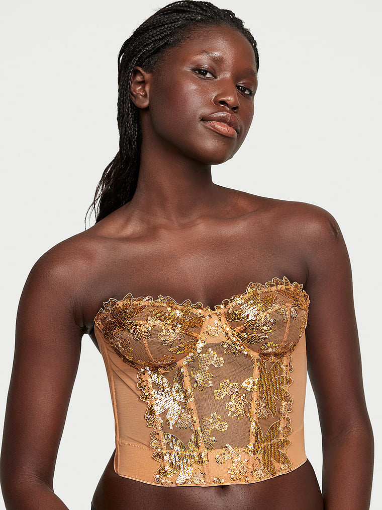 Victoria's Secret, Very Sexy Gold Sequined Ziggy Glam Floral Embroidery Unlined Corset Top, Gold, onModelFront, 2 of 5