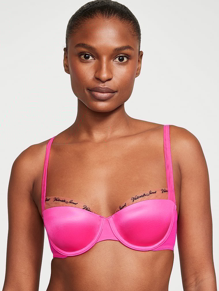 Victoria's Secret, Very Sexy Smooth Logo Embroidery Lightly Lined Balconette Bra, Hot Pink, onModelFront, 1 of 4 Tsheca is 5'9" or 175cm and wears 34B or Small