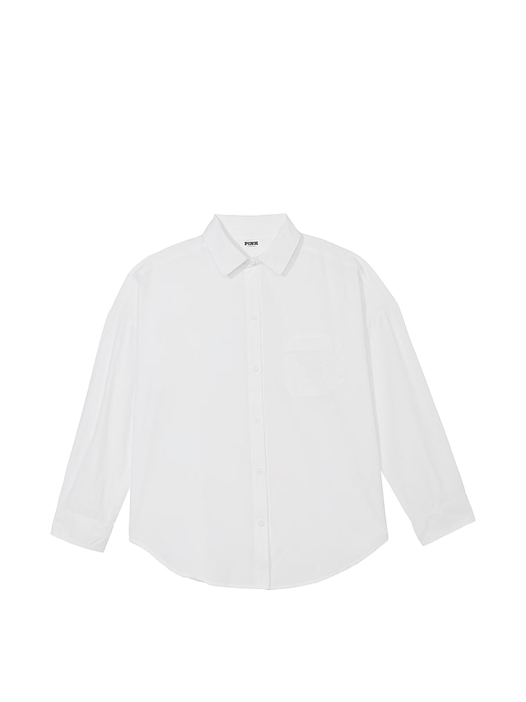 PINK Cotton Poplin Oversized Button-Down Sleepshirt, White/Ivory, offModelFront, 2 of 4