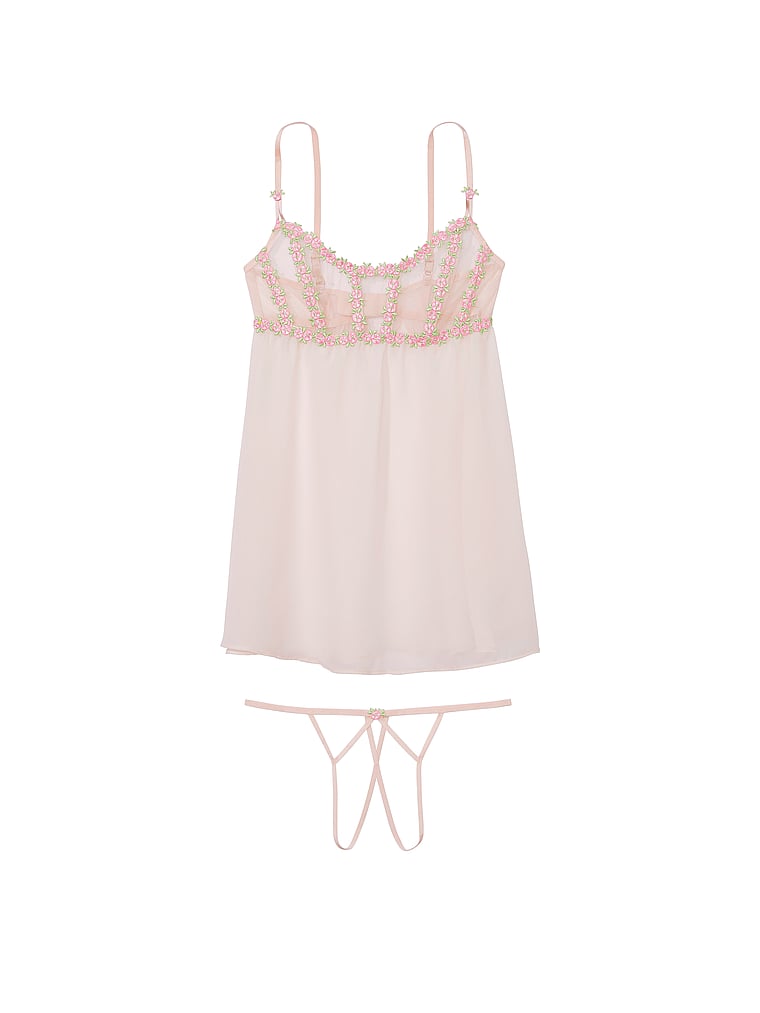 Victoria's Secret, Very Sexy Ungefüttertes Korsett-Babydoll-Set mit Rosenknospen-Stickerei, offModelFront, 3 of 3