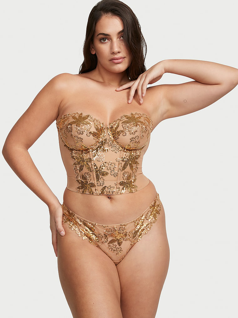 Victoria's Secret, Very Sexy Gold Sequined Ziggy Glam Floral Embroidery Unlined Corset Top, Gold, onModelSide, 1 of 5 Lorena is 5'9" or 175cm and wears 34DD (E) or Large