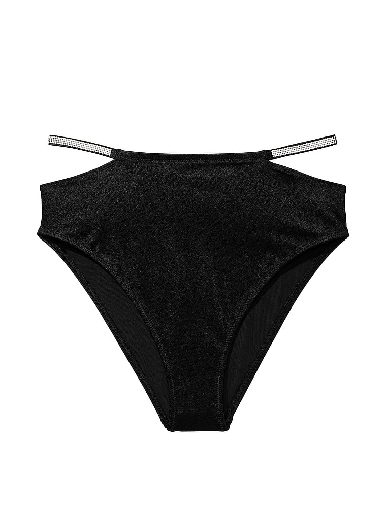 Victoria's Secret, Victoria's Secret Swim Cheeky-Bikinihose mit hohem Bund und Glanzriemen, Schwarz, offModelFront, 3 of 3