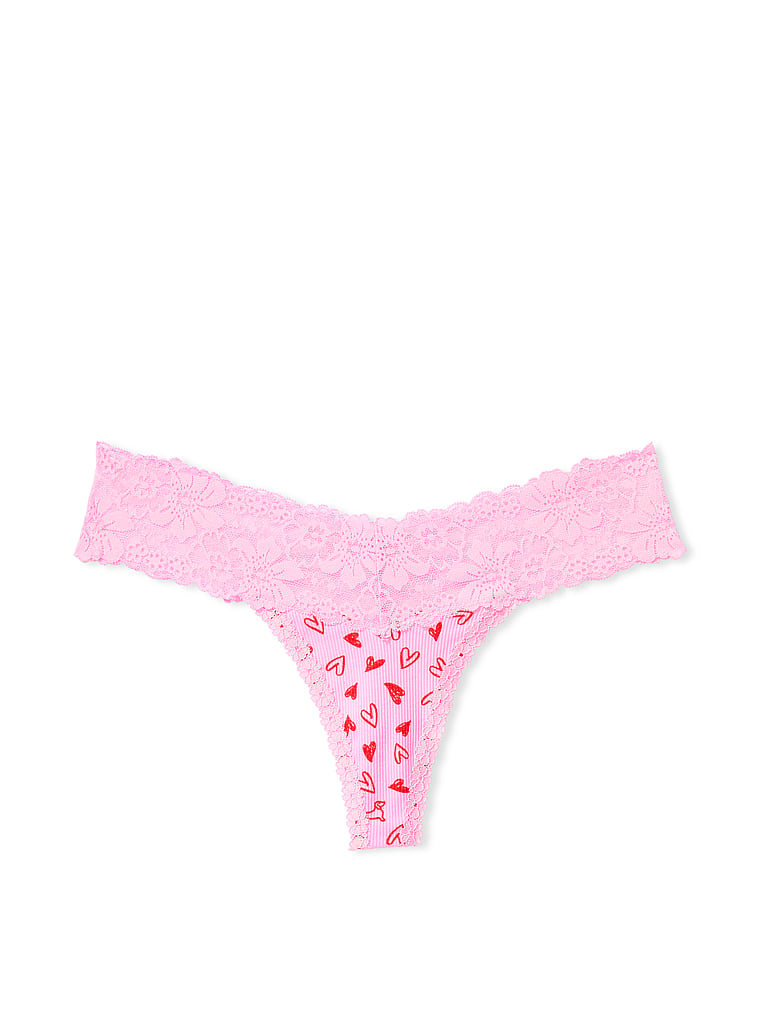 PINK Wink Lace-Trim Thong Panty, Pink Bubble Heart Print, offModelFront, 3 of 3