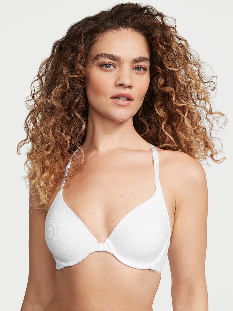 Victoria's Secret, The T-shirt Lightly Lined Full-Coverage Front-Close Pointelle Bra, VS White, onModelFront, 1 of 3 Kiana is 5'9" or 175cm and wears 34B or Small