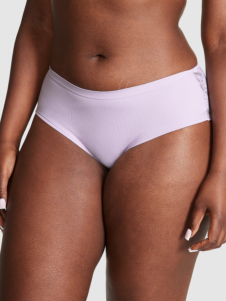 PINK Seamless Hiphugger Panty, Pastel Lilac Lace Back, onModelFront, 1 of 3 Fanta is 5'11" or 180cm and wears Large
