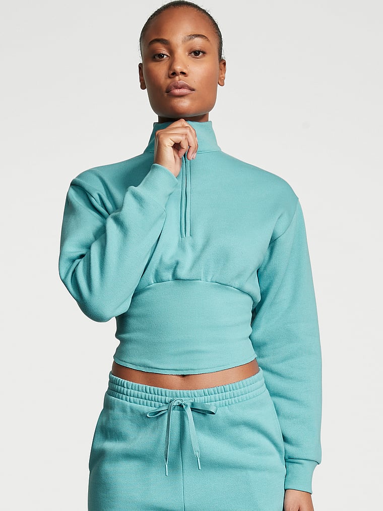 Victoria's Secret, Victoria's Secret Pullover aus Baumwollfleece mit Korsettdetail, kurzem Reißverschluss und Stehkragen, onModelFront, 1 of 3