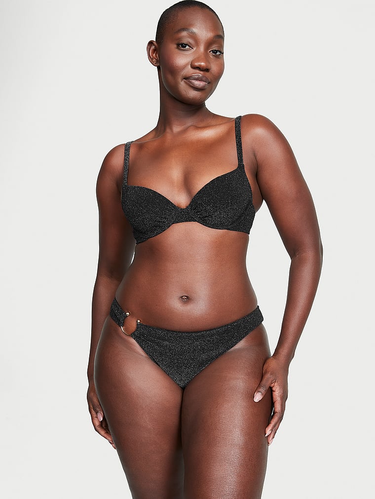 Victoria's Secret, Victoria's Secret Swim Shimmer Icon Push-Up Bikini Top, Black Shimmer, onModelFront, 1 of 4 Arame is 5'11" or 180cm and wears 34B or Medium
