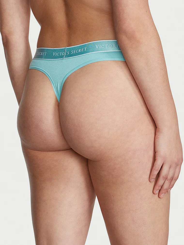 Victoria's Secret, Cotton Logo Cotton Thong Panty, Fountain Blue, onModelBack, 2 of 3 Abbey is 5'10" or 178cm and wears Medium