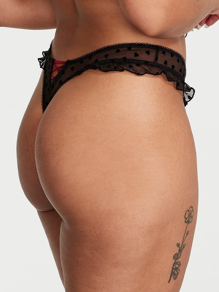 Victoria's Secret, Victoria's Secret Tease High-Leg Scoop Thong Panty, Black Hearts, onModelBack, 2 of 5 Mackenzie is 5'10" or 178cm and wears Small