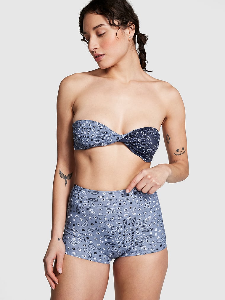 PINK Twist It Bandeau Bikini Top, Midnight Navy All Over Bandana, onModelFront, 1 of 3 Jocelyn is 5'8" or 173cm and wears 34B or Small