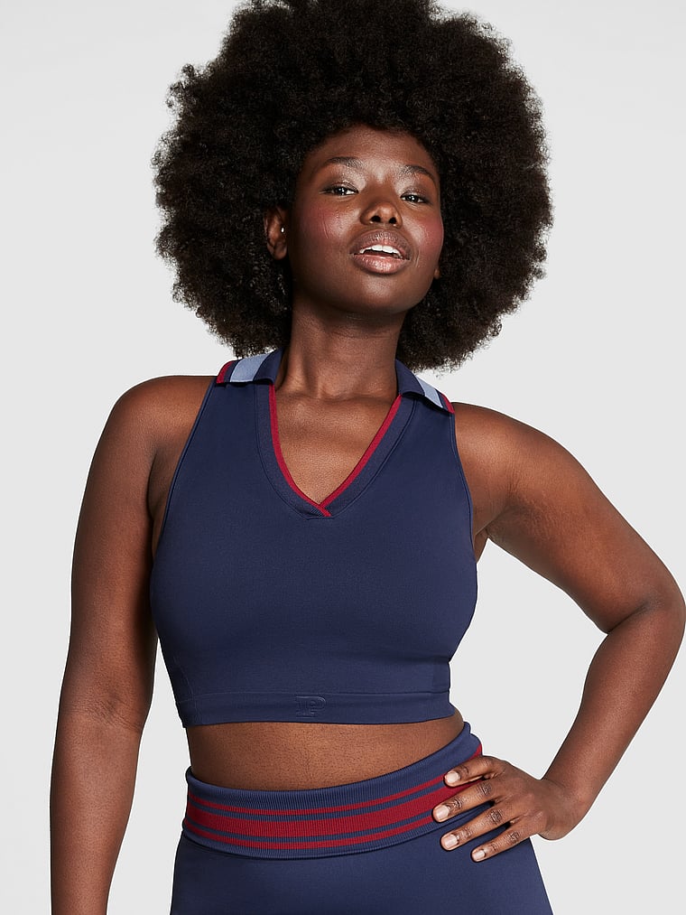 PINK Soft Seamless Polo Tank Top, Midnight Navy, onModelFront, 1 of 4 Fanta is 5'11" or 180cm and wears Medium