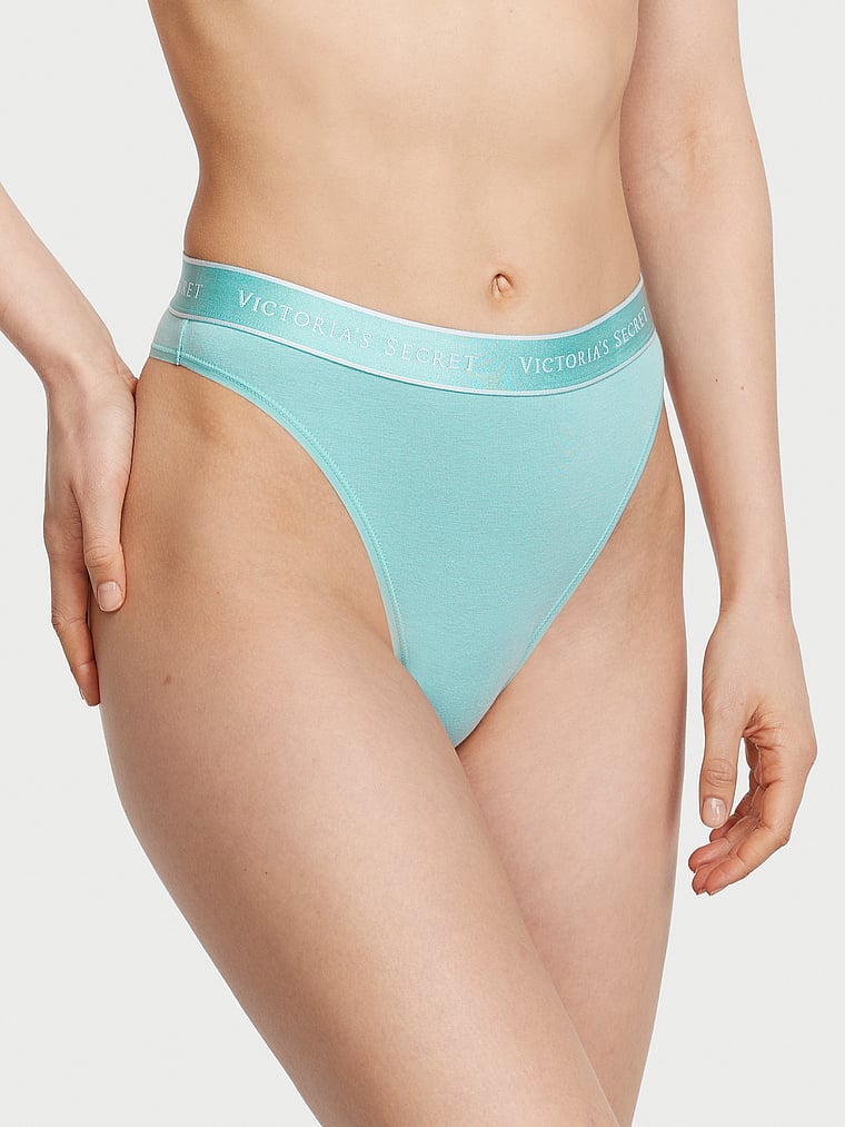 Victoria's Secret, Cotton Logo Cotton High-Waist Thong Panty, Fountain Blue, onModelFront, 1 of 3 Lotta is 5'10" or 178cm and wears Small