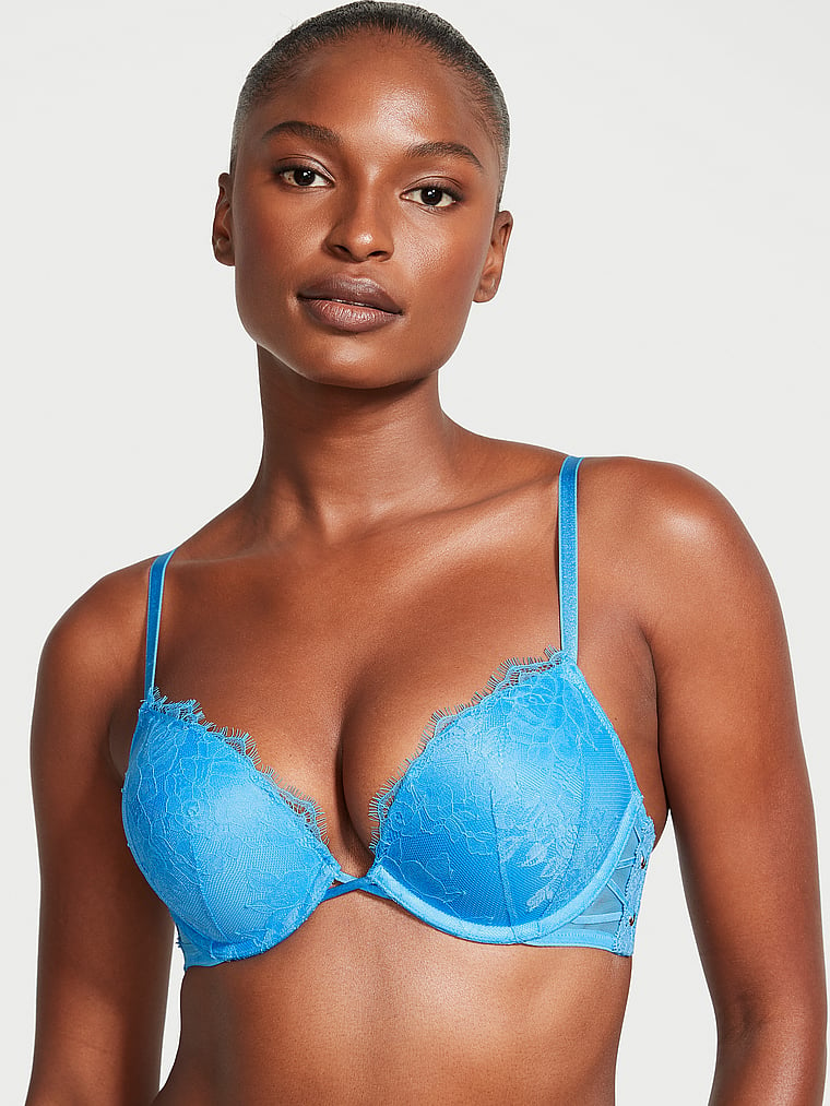 Victoria's Secret, Very Sexy Bombshell Rose Lace & Grommet Push-Up Bra, Capri Blue, onModelFront, 1 of 5 Tsheca  is 5'9" or 175cm and wears 34B or Small
