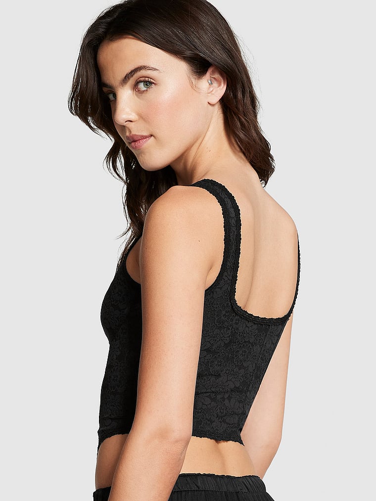 PINK Bralettes und BH-Oberteile Tailliertes Korsett-Oberteil, Reines Schwarz, onModelBack, 2 of 5 Scarlett ist 5'11" oder 180cm und trägt 34B oder S