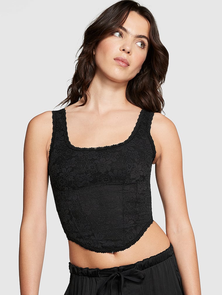 PINK Bralettes & Bra Tops The Cinched Corset Top, Pure Black, onModelFront, 1 of 5 Scarlett is 5'11" or 180cm and wears 34B or Small