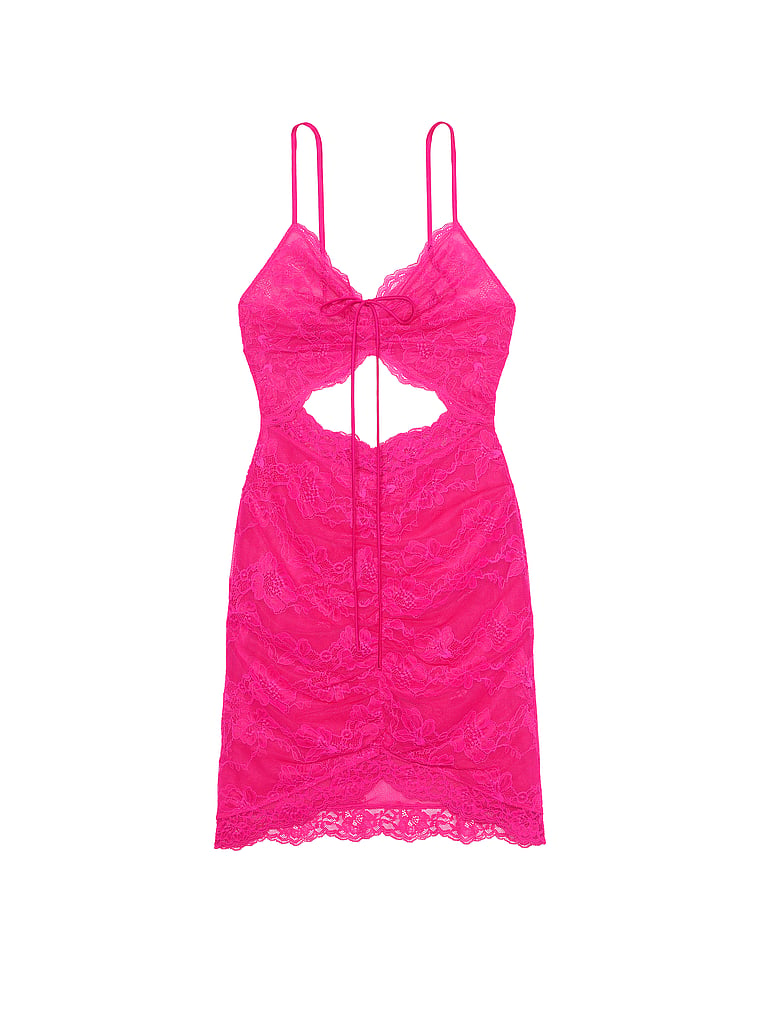Victoria's Secret, Victoria's Secret Ruched Lace Cutout Mini Dress, Pink, offModelFront, 3 of 3