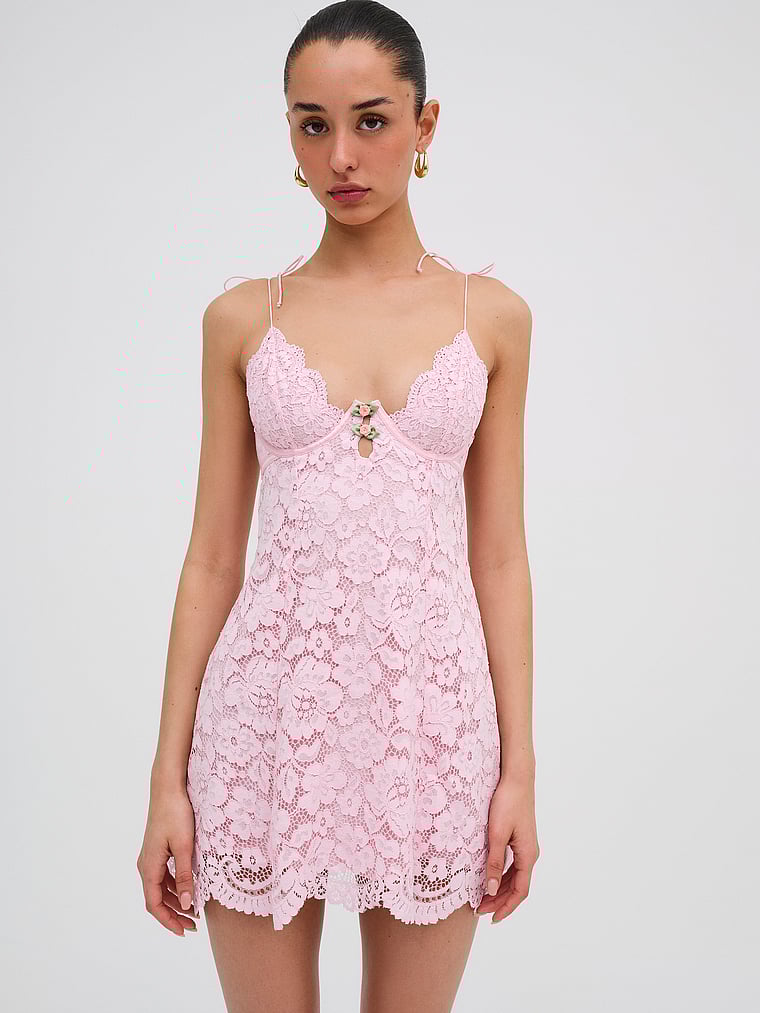 Victoria's Secret, For Love & Lemons Creamsicle Lace Slip Dress, Pale Pink, onModelFront, 1 of 5