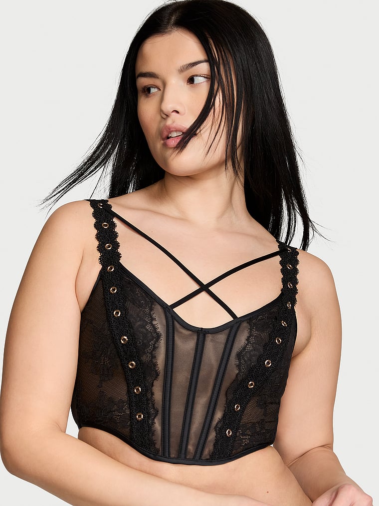 Victoria's Secret, Very Sexy Rose Lace & Grommet Strappy Corset Top, Black, onModelFront, 1 of 5 Alicia is 5'8" or 173cm and wears 34B or Small