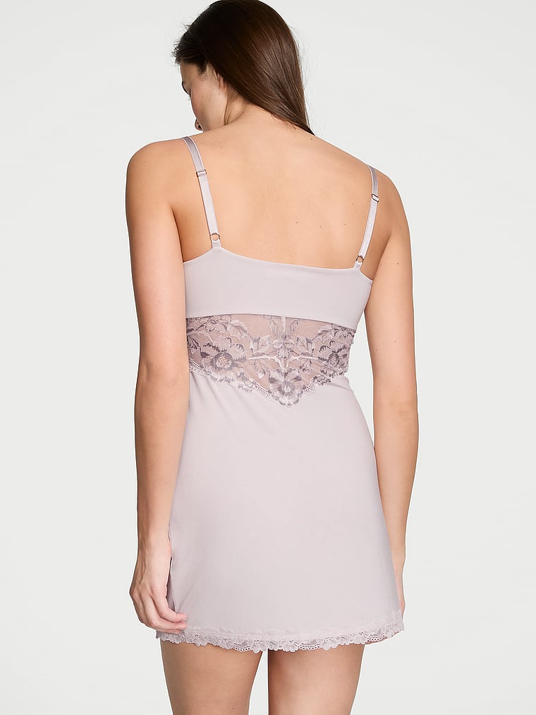 Victoria's Secret, Victoria's Secret Modal Lace-Trim Sweetheart Slip Dress, Grey Lilac, onModelBack, 2 of 3 Mackenzie is 5'10" or 178cm and wears Small