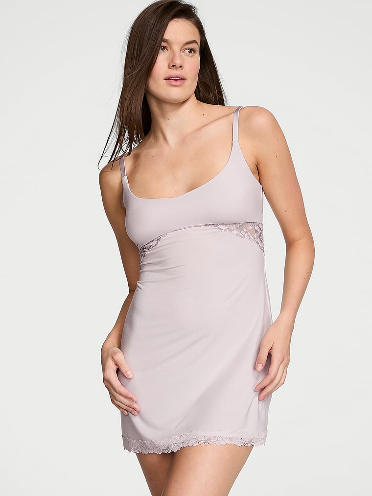 Victoria's Secret, Victoria's Secret Modal Lace-Trim Sweetheart Slip Dress, Grey Lilac, onModelFront, 1 of 3 Mackenzie is 5'10" or 178cm and wears Small
