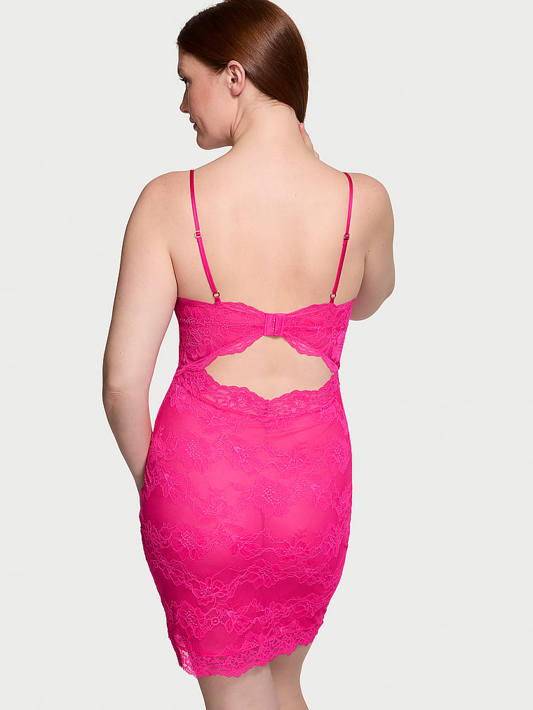 Victoria's Secret, Victoria's Secret Ruched Lace Cutout Mini Dress, Pink, onModelBack, 2 of 3 Katy is 5'11" or 180cm and wears Large