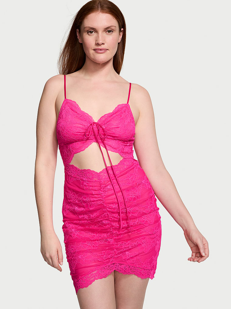 Victoria's Secret, Victoria's Secret Ruched Lace Cutout Mini Dress, Pink, onModelFront, 1 of 3 Katy is 5'11" or 180cm and wears Large