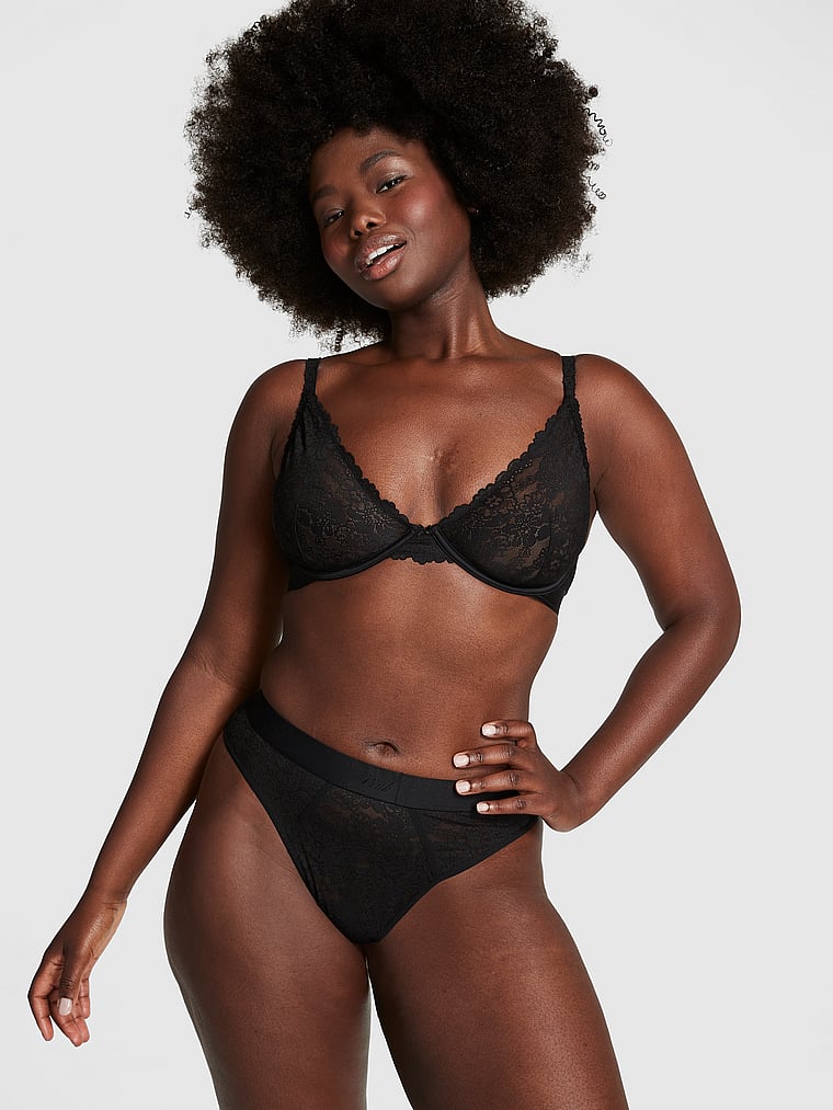PINK Wink Unlined Plunge Bra, Pure Black, onModelSide, 1 of 5 Fanta is 5'11" or 180cm and wears 34D or Medium