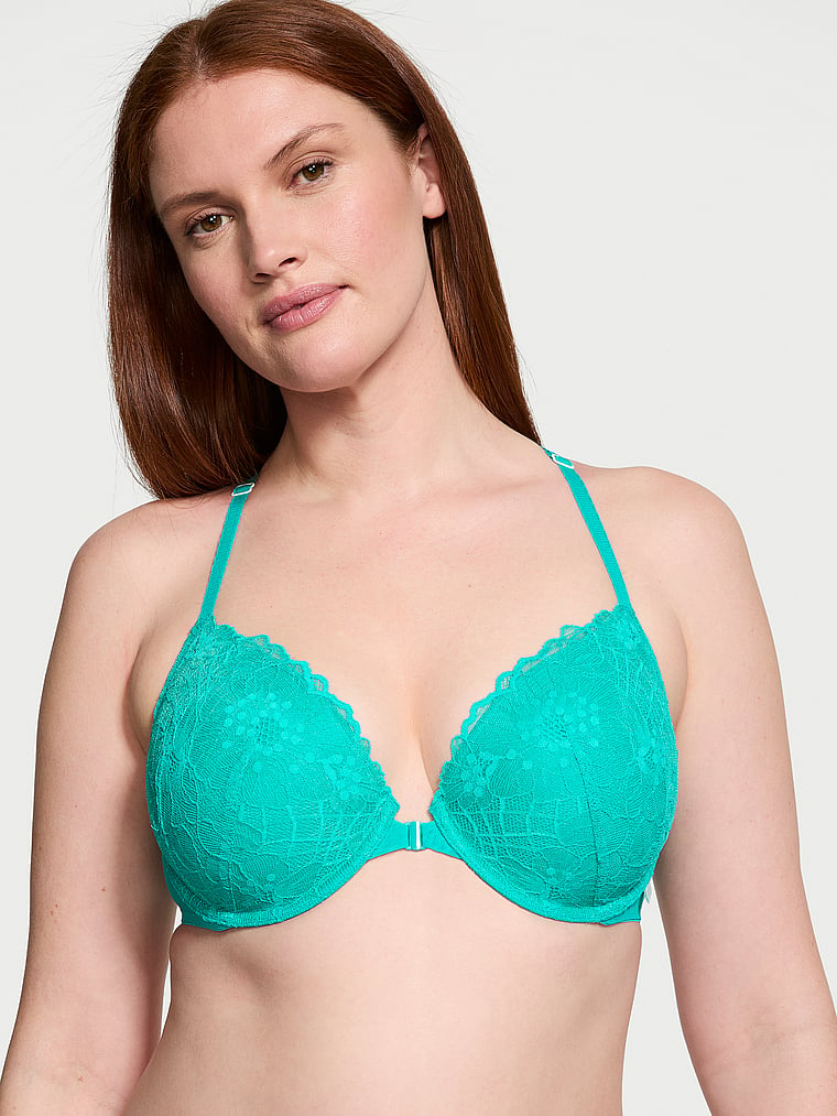 Victoria's Secret, Victoria's Secret Sexy Tee Lace Lightly Lined Front-Close Demi Bra, Capri Sea, onModelFront, 3 of 4 Katy is 5'11" or 180cm and wears 36D or Large