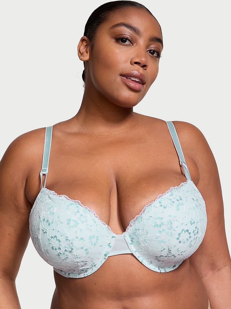 Victoria's Secret, Victoria's Secret Sexy Tee Lace Lightly Lined Demi Bra, Ballad Blue, onModelFront, 3 of 4 Brianna is 5'10" or 178cm and wears 38DD (E) or Extra Large