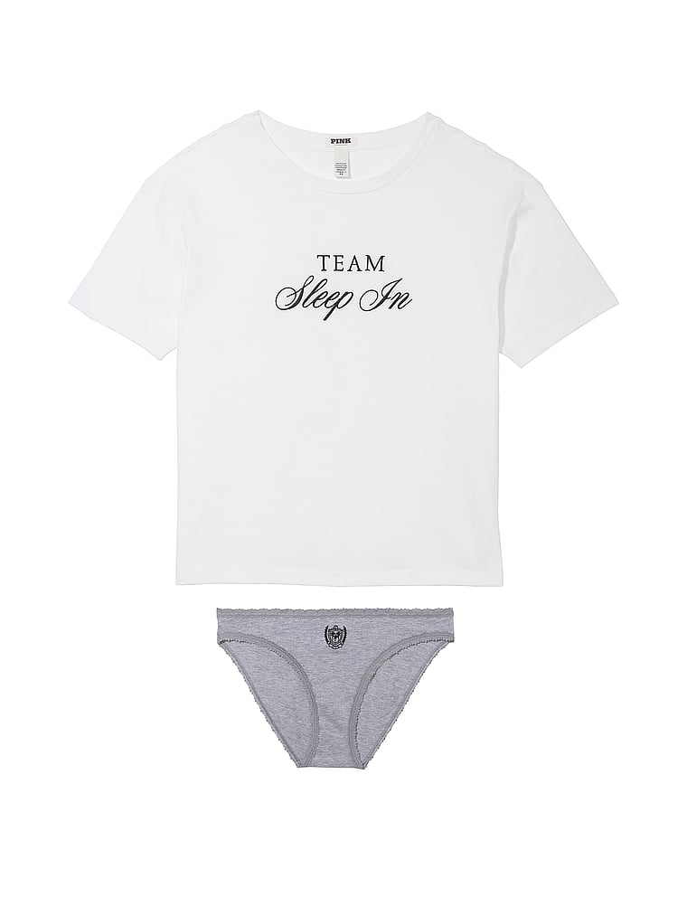 PINK Cotton Tee & Panty Set, White/Grey Sleep In, offModelFront, 3 of 3