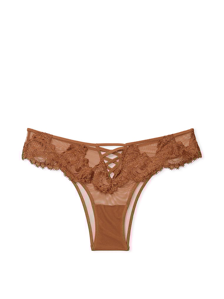 Victoria's Secret, Dream Angels Brasilianisches Höschen mit Boho-Blumenstickerei, Caramel, offModelFront, 3 of 4