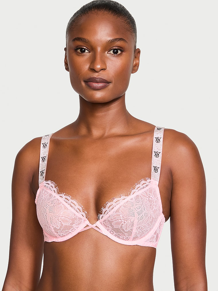 Victoria's Secret, Very Sexy Shine Strap Unlined Low-Cut Lace Demi Bra, Purple, onModelFront, 1 of 3 Tsheca  is 5'9" or 175cm and wears 34B or Small