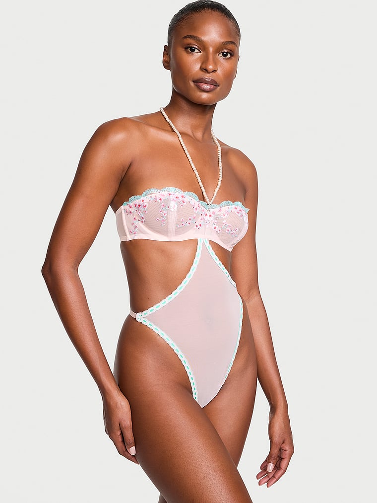 Victoria's Secret, Very Sexy Cherry Blossom Embroidery Pearl Halter Teddy, Ballet Pink, onModelFront, 1 of 5 Tsheca  is 5'9" or 175cm and wears 34B or Small