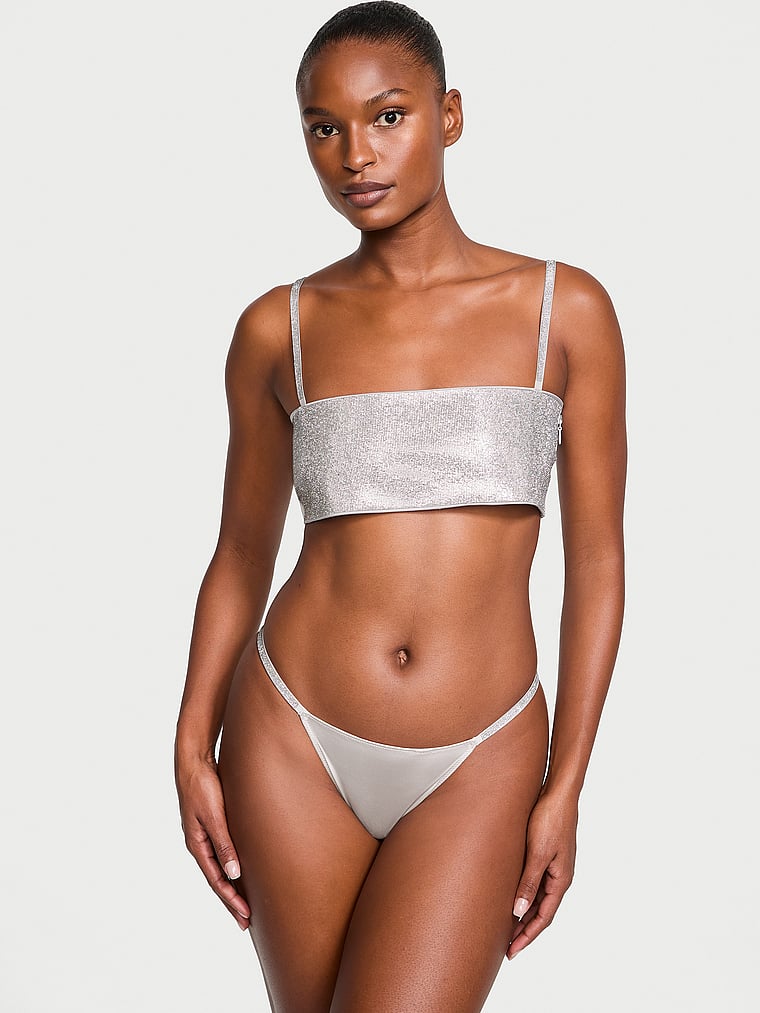 Victoria's Secret, Very Sexy Shine Bandeau Bralette & Panty Set, Delphin Grey, onModelFront, 1 of 4 Tsheca is 5'9" or 175cm and wears 34B or Small