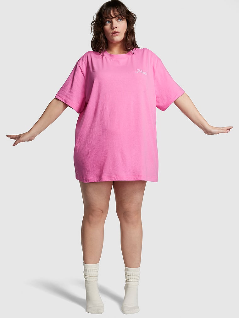 PINK Cotton Oversized Sleepshirt, Pink, onModelFront, 3 of 4