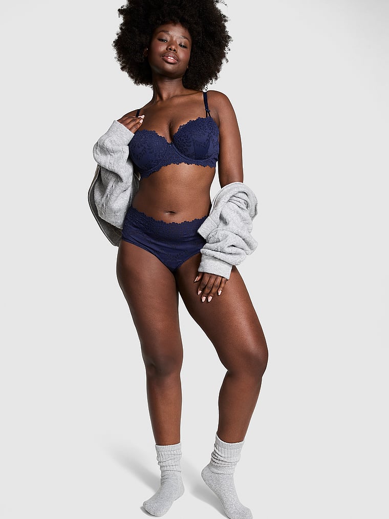 PINK Wink Push-Up Balconette Bra, Midnight Navy, onModelSide, 1 of 4 Fanta is 5'11" or 180cm and wears 34D or Medium