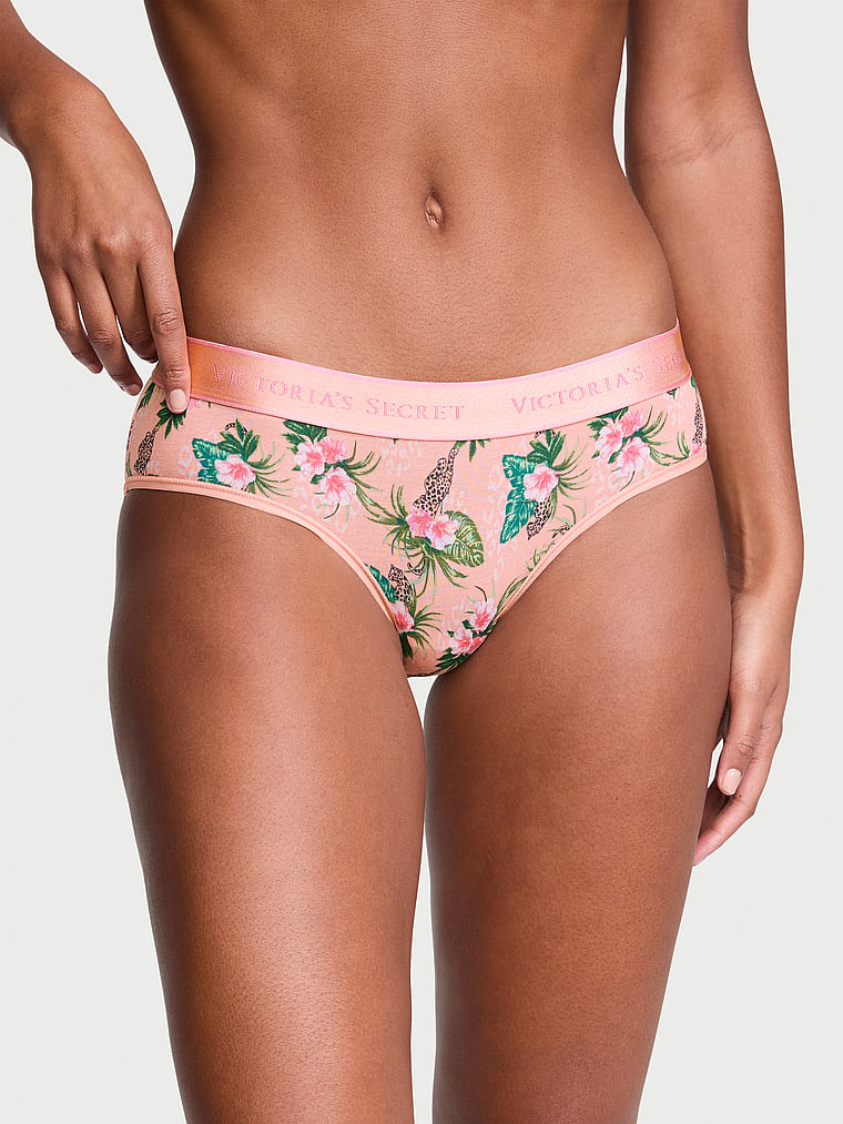 Victoria's Secret, Cotton Logo Cotton Hiphugger Panty, Punchy Peach Tropical Leopards, onModelFront, 1 of 3 Ange-Marie is 5'10" or 178cm and wears Small