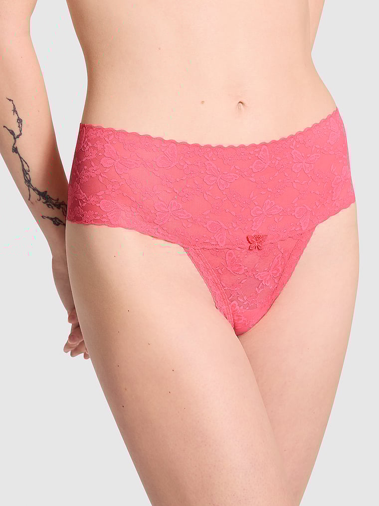 PINK Wink Wide-Waist Thong Panty, Crazy for Coral, onModelFront, 1 of 3 Sofia is 5'10" or 178cm and wears Small