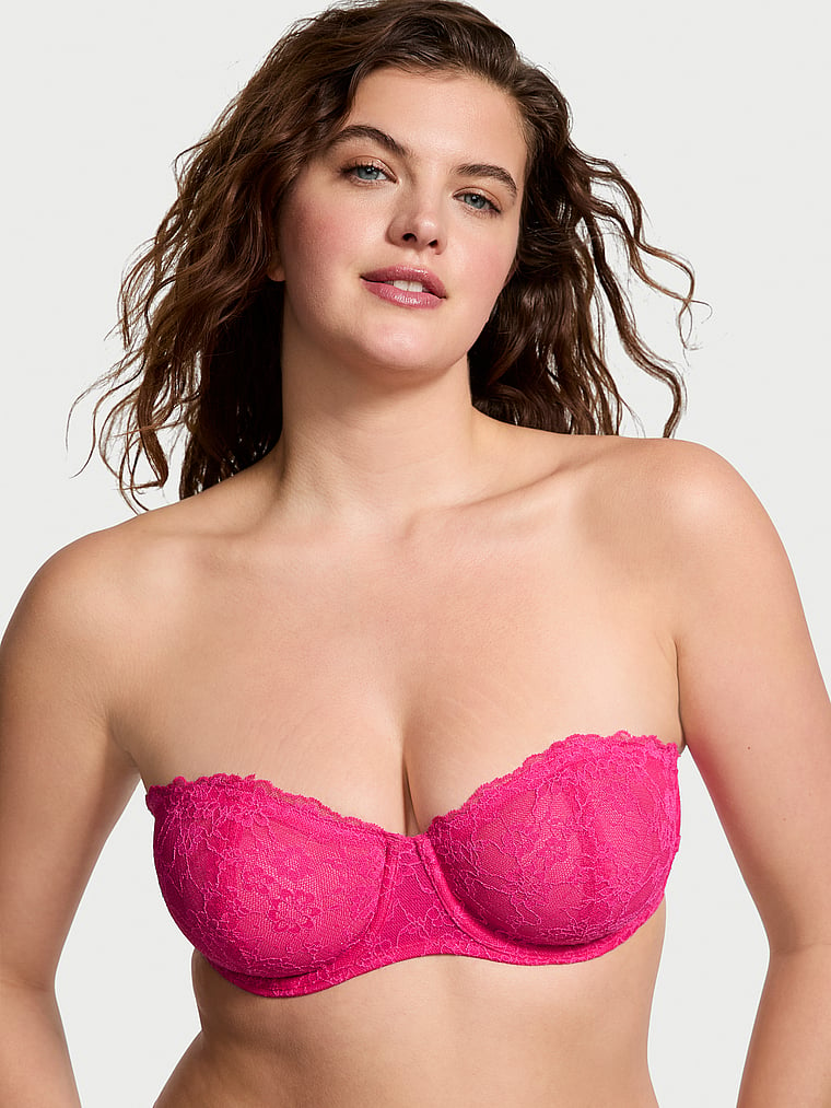 Victoria's Secret, Victoria's Secret Sexy Tee Unlined Lace Strapless Bra, Forever Pink, onModelFront, 1 of 4 Abbey is 5'10" or 178cm and wears 34DD (E) or Medium