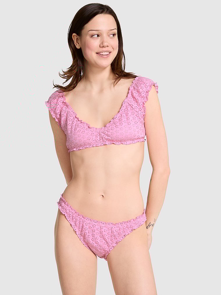 PINK by Frankies Bikinis Hudson Eyelet Bikini Top, Pink Sand Eyelet, onModelFront, 1 of 3 Sofia is 5'10" or 178cm and wears 34B or Small
