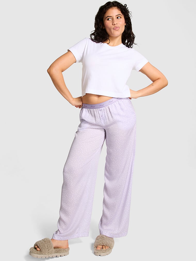 PINK TENCEL™ Wide-Leg Pajama Pants, Pastel Lilac Ditsy Floral, onModelFront, 1 of 3 Isabella is 5'9" or 175cm and wears Medium