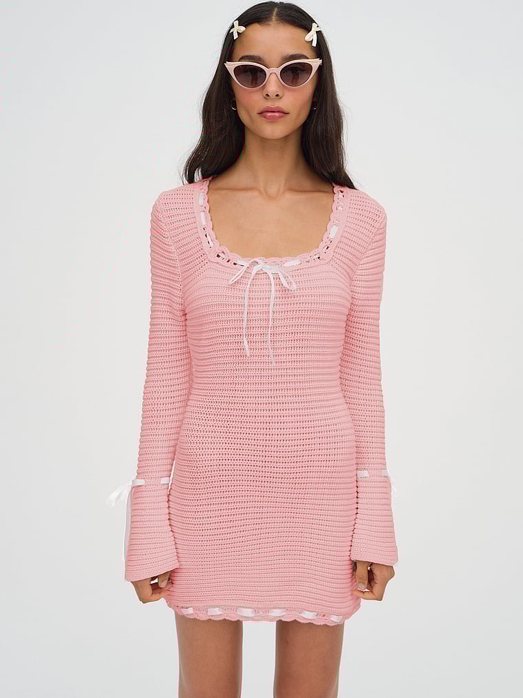 Victoria's Secret, For Love & Lemons Olina Crochet Mini Dress, Pink, onModelFront, 1 of 4