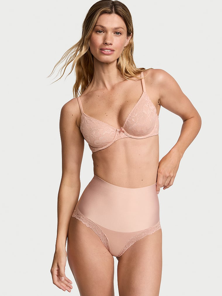 Victoria's Secret, Body by Victoria Invisible Lift Unlined Lace Demi Bra, Macaron, onModelSide, 3 of 5 Maggie is 5'7" or 170cm and wears 32B or Small