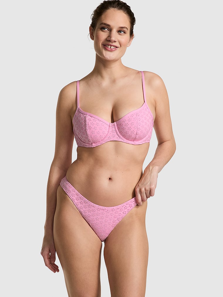 PINK by Frankies Bikinis Golden Hour Eyelet Bikini Bottom, Pink Sand Eyelet, onModelFront, 1 of 3 Callie is 5'9" or 175cm and wears Large