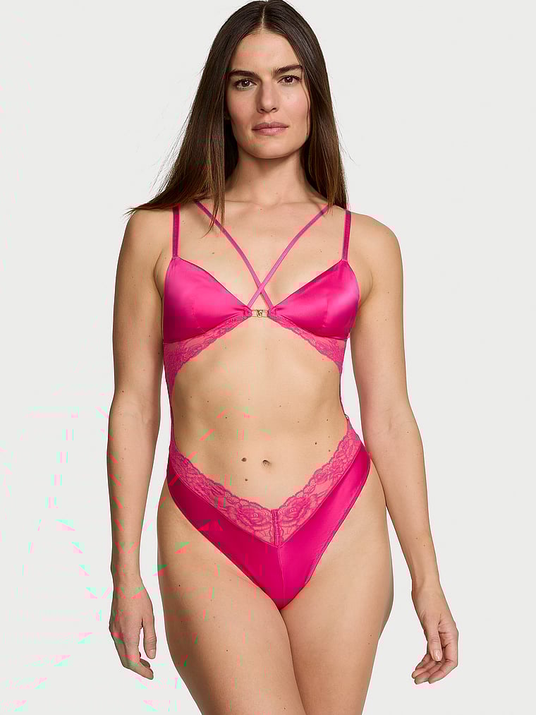 Victoria's Secret, Very Sexy Satin & Lace Triangle Teddy, Forever Pink, onModelFront, 1 of 3 Katherine is 5'10" or 178cm and wears 34B or Small