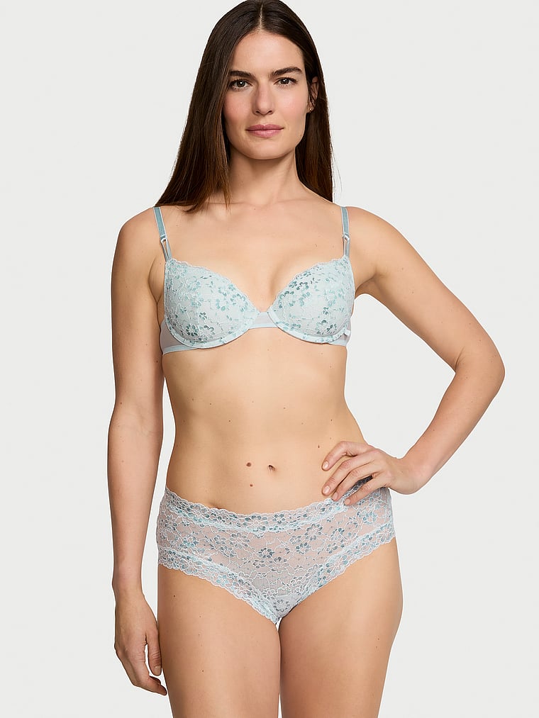 Victoria's Secret, Victoria's Secret Sexy Tee Lace Lightly Lined Demi Bra, Ballad Blue, onModelSide, 1 of 4 Katherine is 5'10" or 178cm and wears 34B or Small