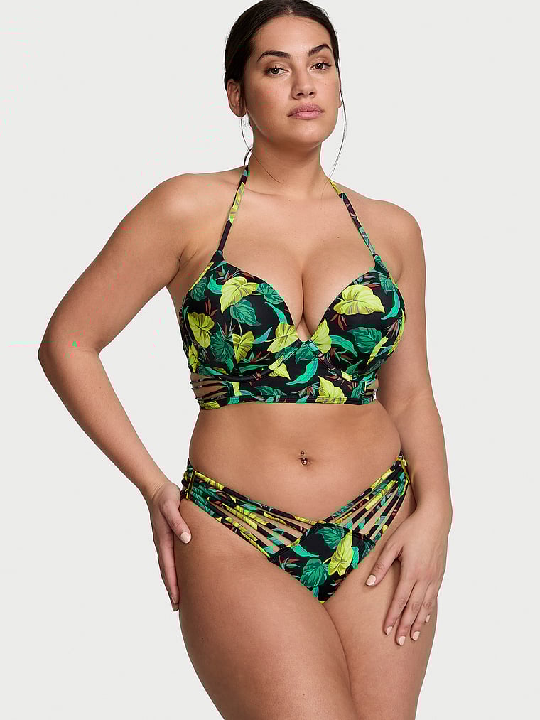 Victoria's Secret, Victoria's Secret Swim VS Archives Swim Bombshell Push-Up Longline Bikini Top, Vintage Leaves, onModelFront, 1 of 3 Lorena is 5'9" or 175cm and wears 34DD (E) or Large
