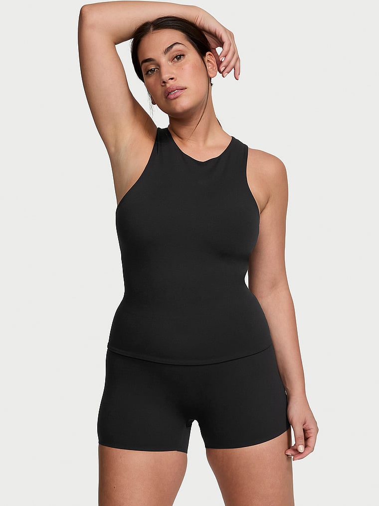 Victoria's Secret, Victoria's Secret VS Elevate Cut-Out Tank Top, Black, onModelSide, 4 of 4 Lorena is 5'9" or 175cm and wears Large