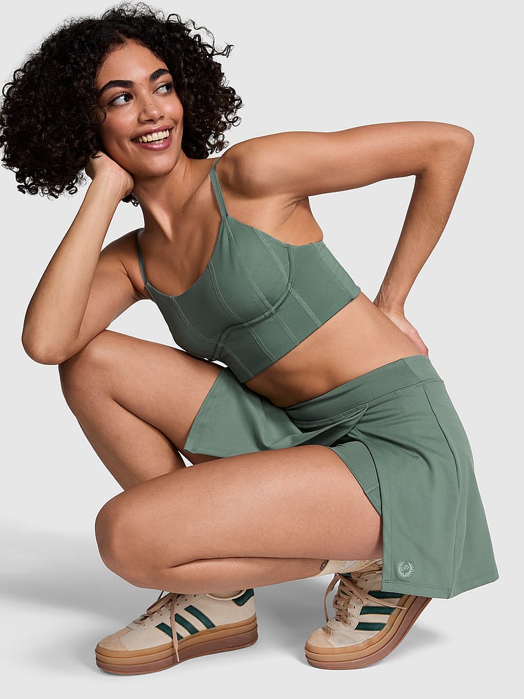 PINK The Wave Ultimate Longline Sports Bra, Fresh Forest, onModelSide, 1 of 4 Vanessa is 5'10" or 178cm and wears 32B or Small
