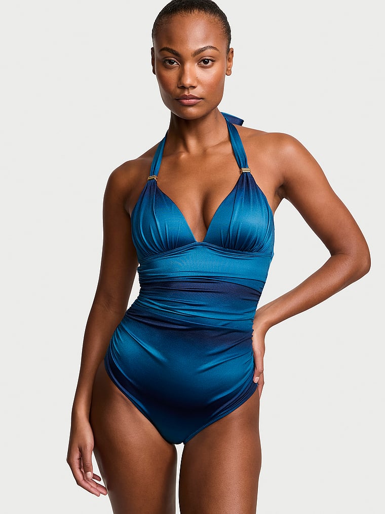 Victoria's Secret, Victoria's Secret Swim The Harlow Push-Up One-Piece Swimsuit, Blue Ombre, onModelFront, 1 of 3 Ange-Marie is 5'10" or 178cm and wears Small